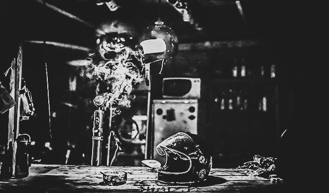 helmet with the cigarette on the bar