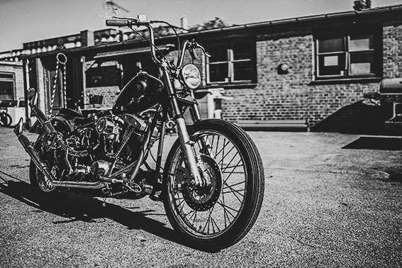 Harley Davidson shovelhead standing in the courtyard